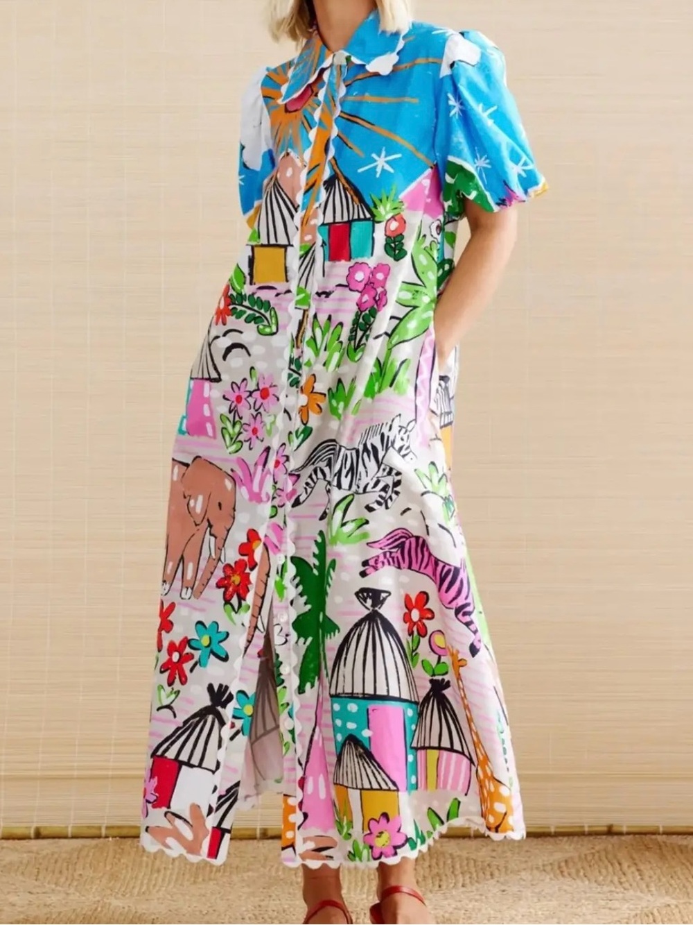 Rosa Clothing Colorful Tropical Animal Print Button-Front Maxi Dress size S NWT